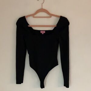 Mi Ami Square Neckline Long Sleeve Bodysuit, Size S, Black